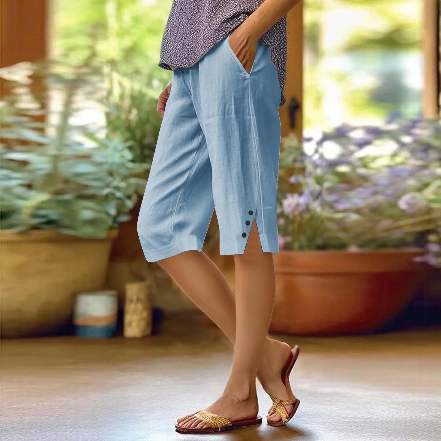 Bermuda Shorts for Women Knee Length Casual Summer Linen Capri Pants Lightweight Beach Vacation Pant with Pockets