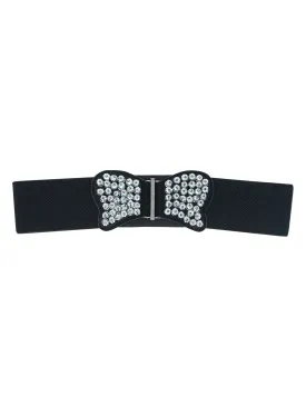 Black Elastic Waist Belt With Silver Beaded Butterfly Size Medium/Large