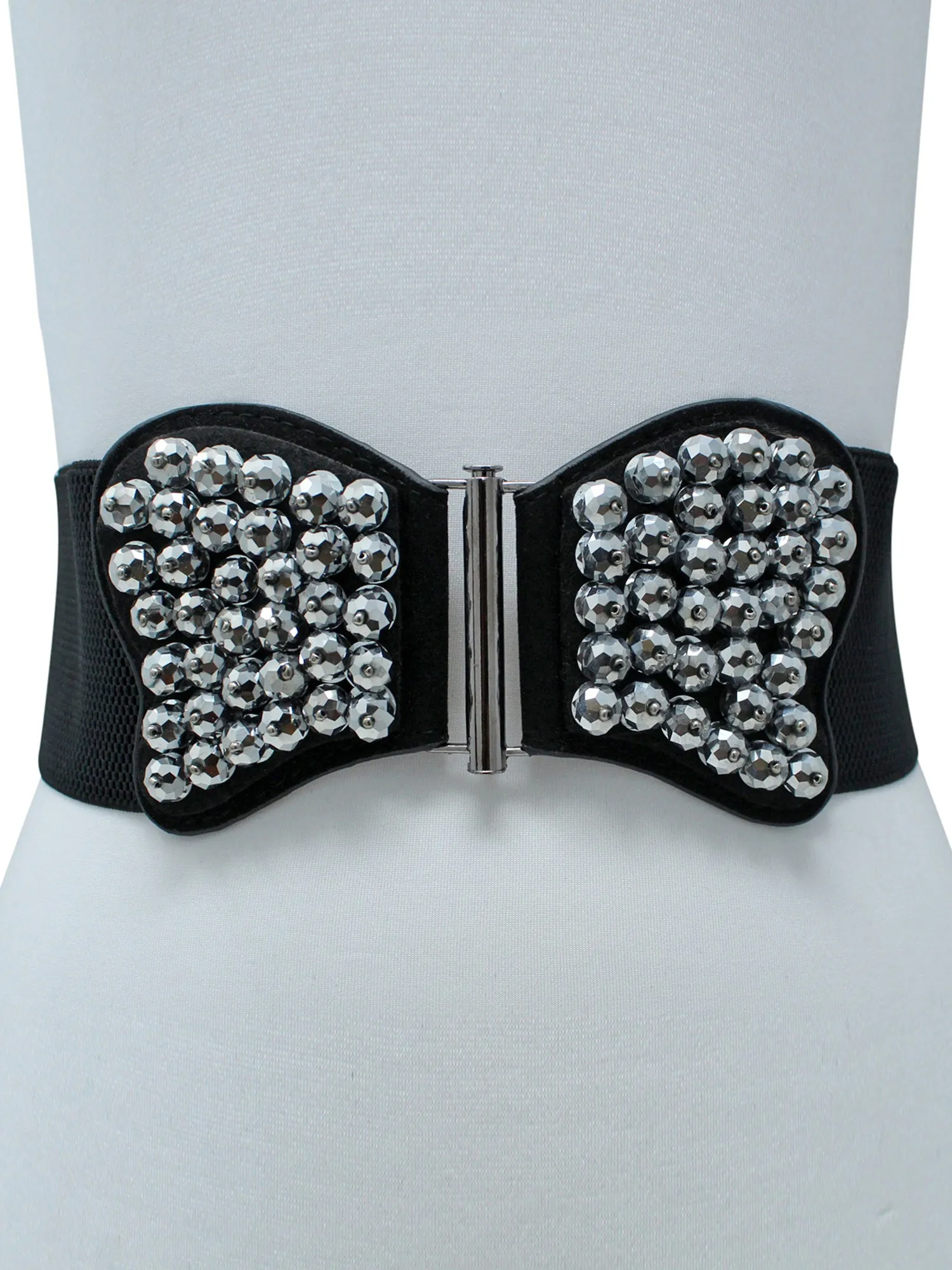 Black Elastic Waist Belt With Silver Beaded Butterfly Size Medium/Large