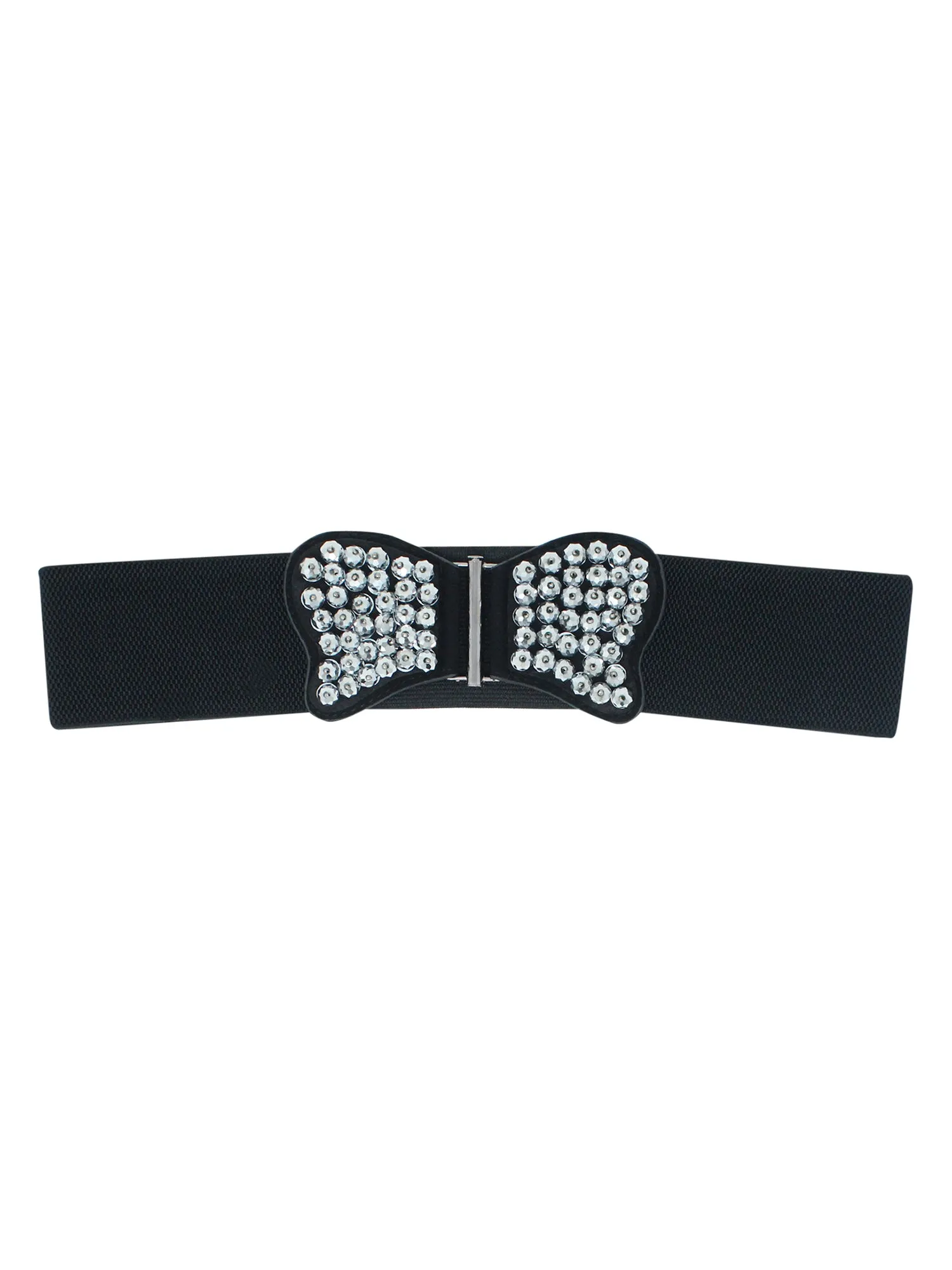 Black Elastic Waist Belt With Silver Beaded Butterfly Size Medium/Large