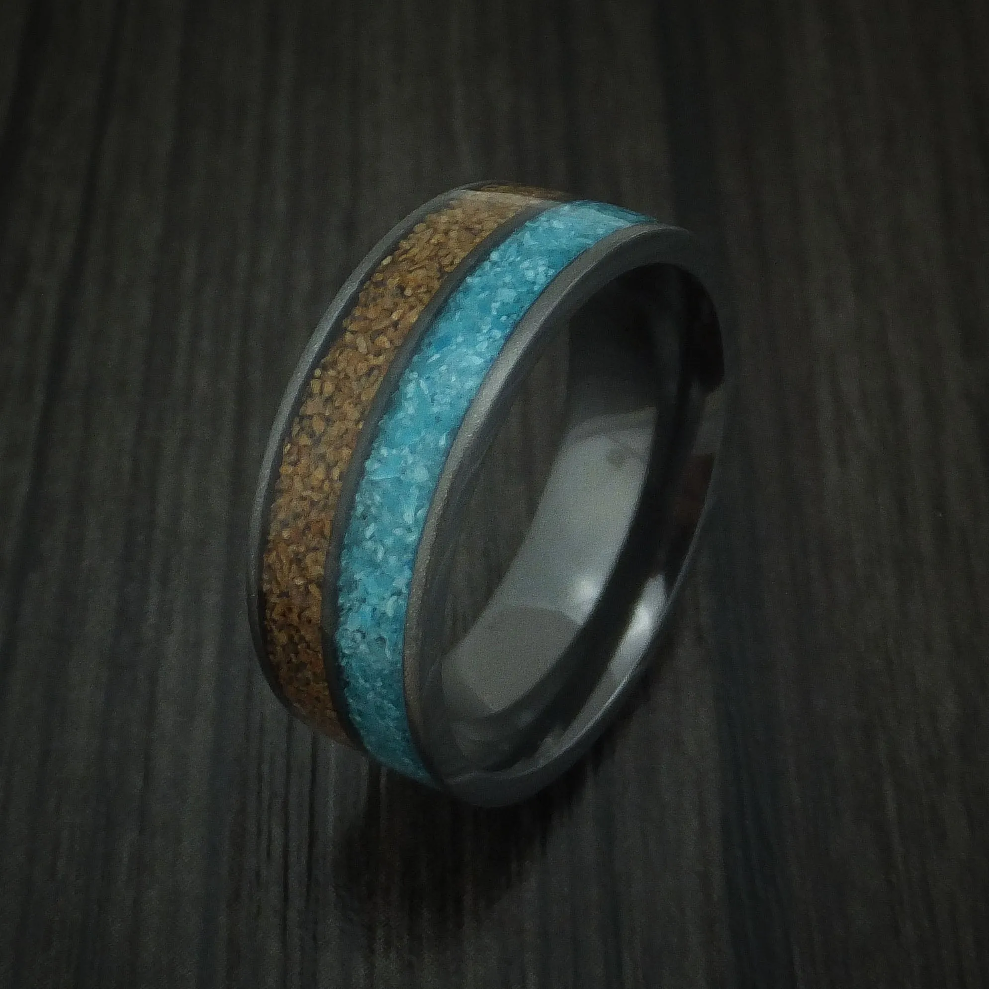 Black Titanium Tan Dinosaur Bone and Turquoise Men's Ring Custom Made Fossil Band