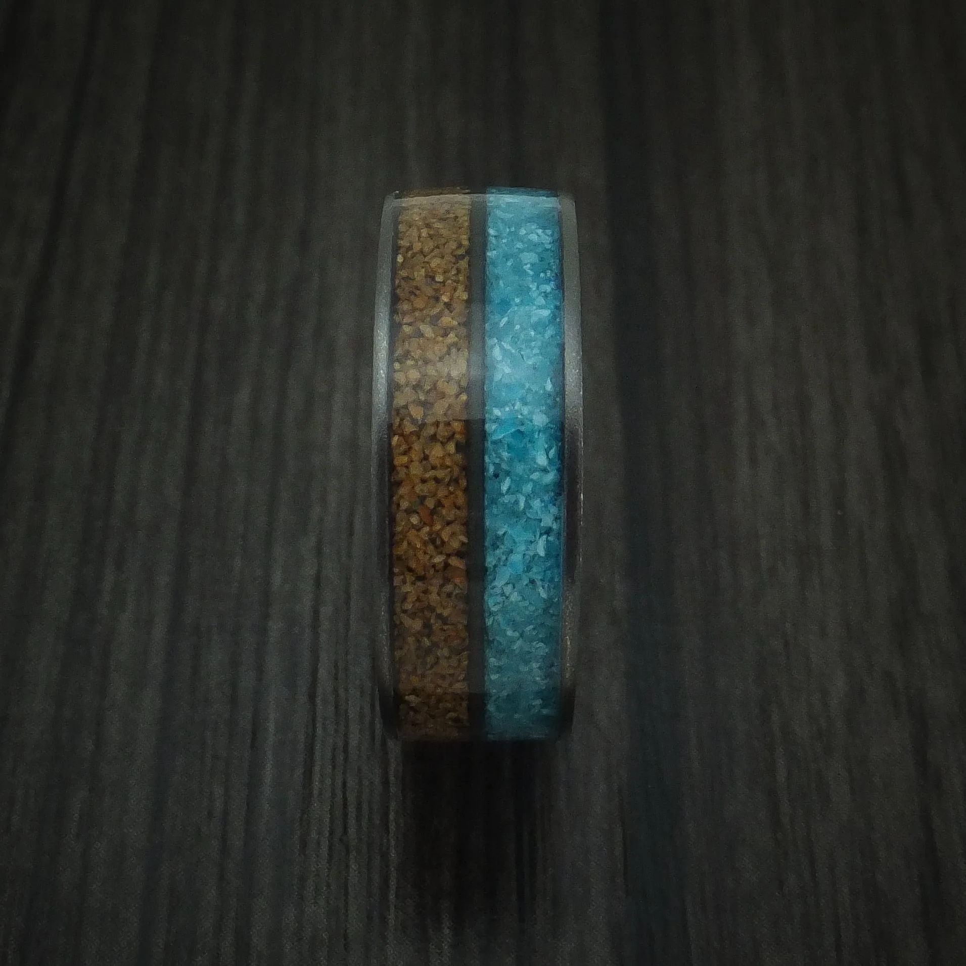 Black Titanium Tan Dinosaur Bone and Turquoise Men's Ring Custom Made Fossil Band
