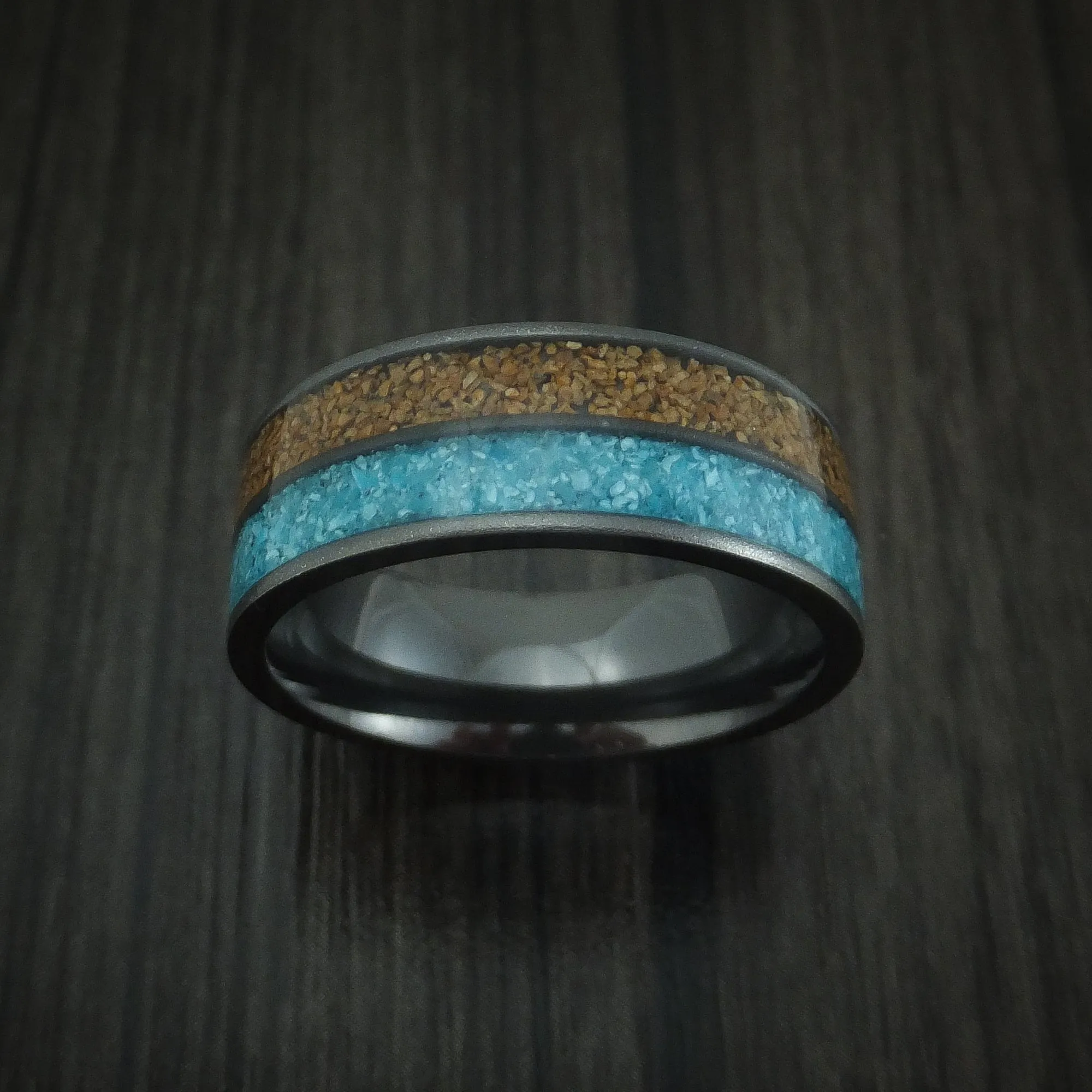 Black Titanium Tan Dinosaur Bone and Turquoise Men's Ring Custom Made Fossil Band
