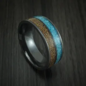 Black Titanium Tan Dinosaur Bone and Turquoise Men's Ring Custom Made Fossil Band