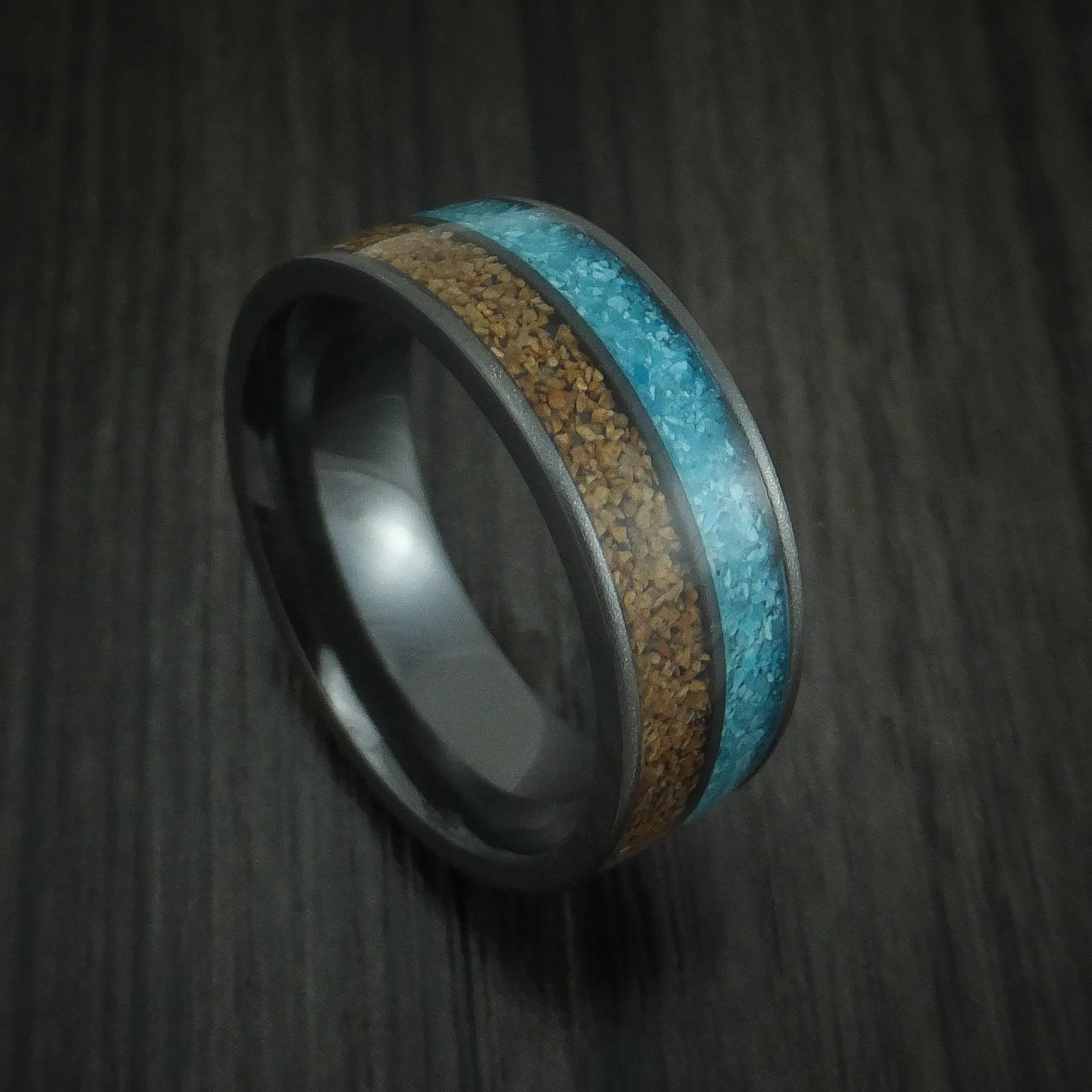 Black Titanium Tan Dinosaur Bone and Turquoise Men's Ring Custom Made Fossil Band