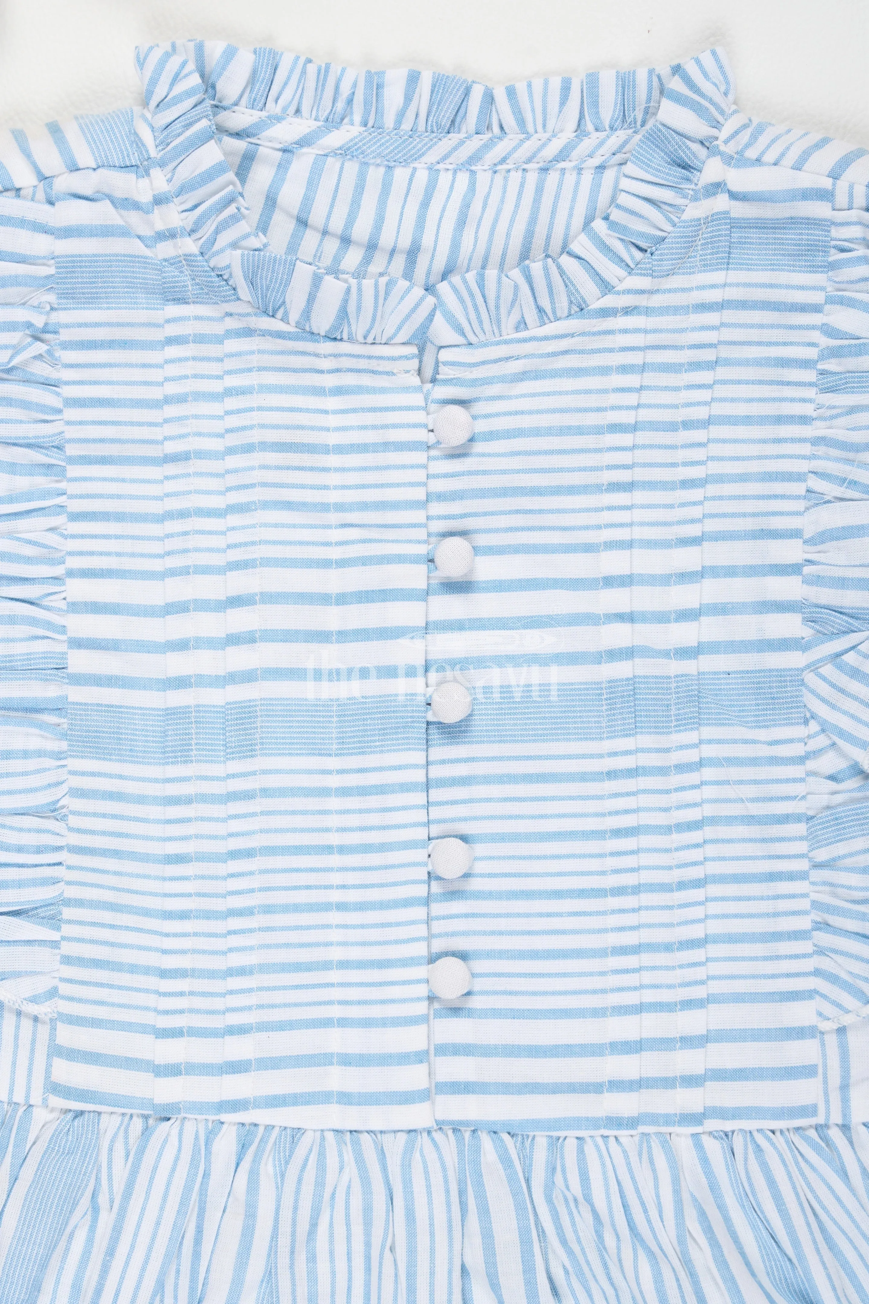 Blue Cotton Frock with Ruffles and Pleats for Girls