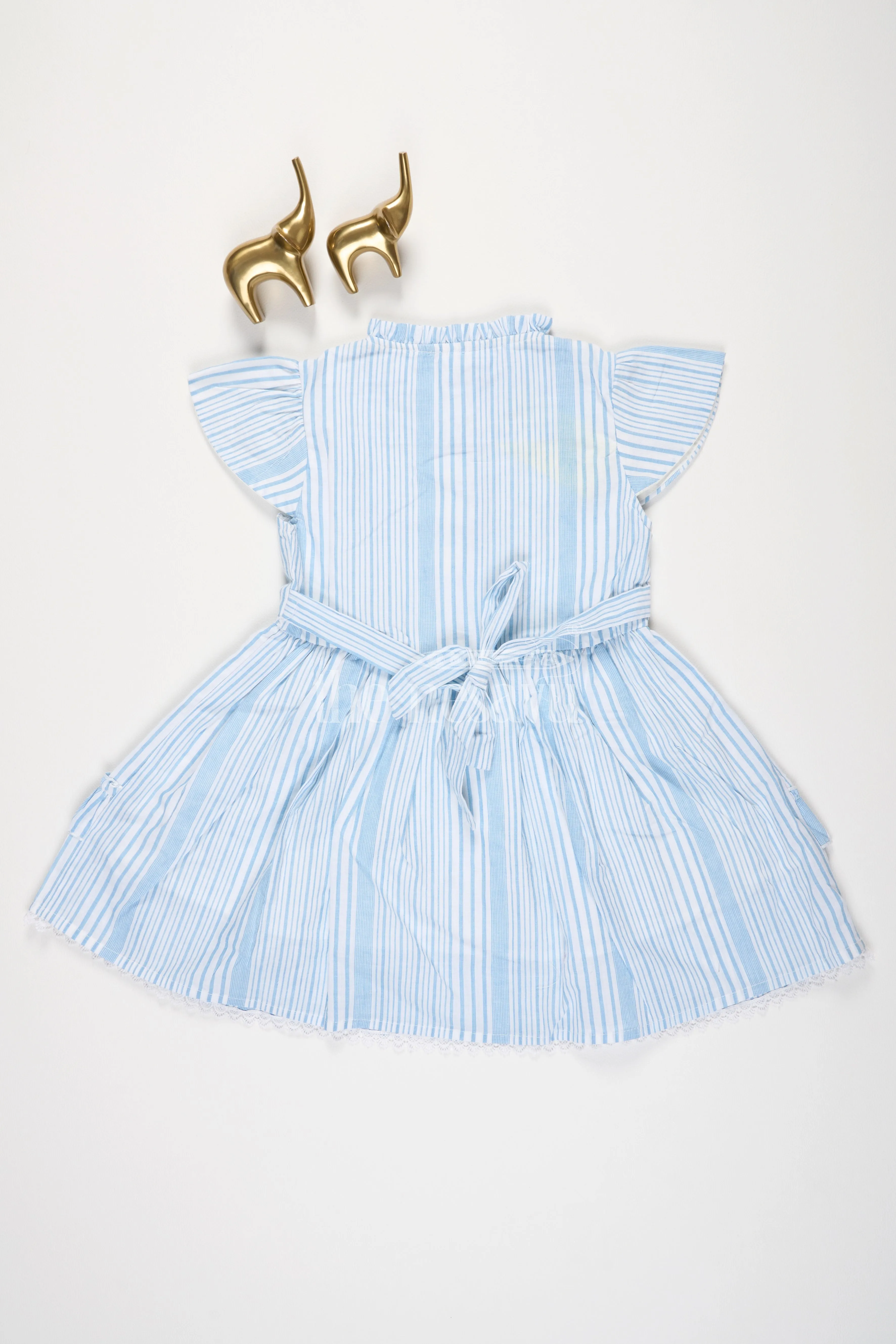 Blue Cotton Frock with Ruffles and Pleats for Girls