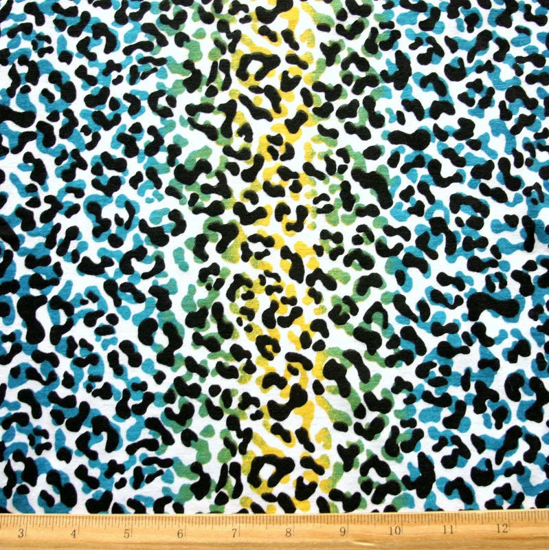 Blue, Green, and Yellow Vertical Leopard Stripe Knit Fabric
