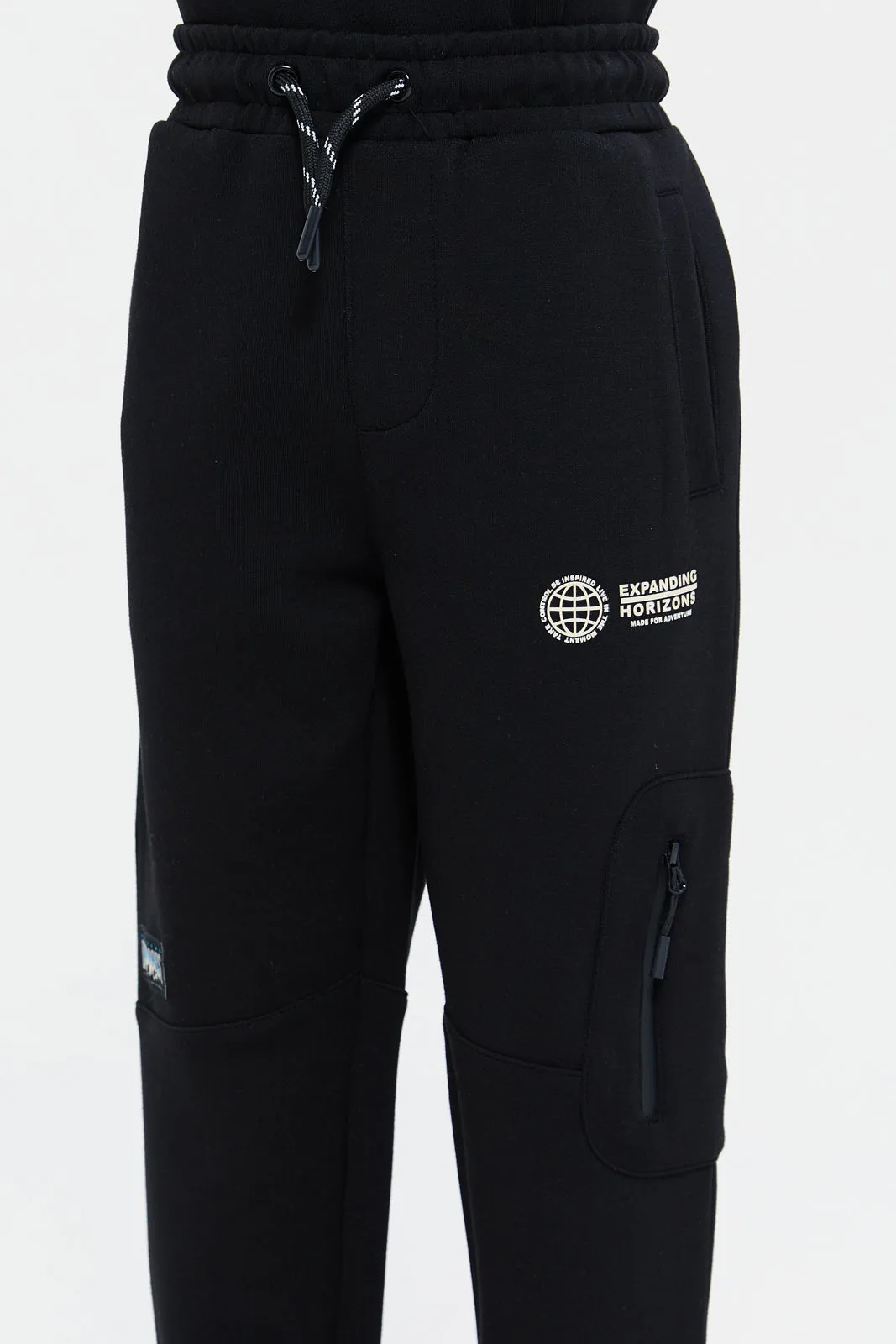 Boys Black Embroidered Track Pants