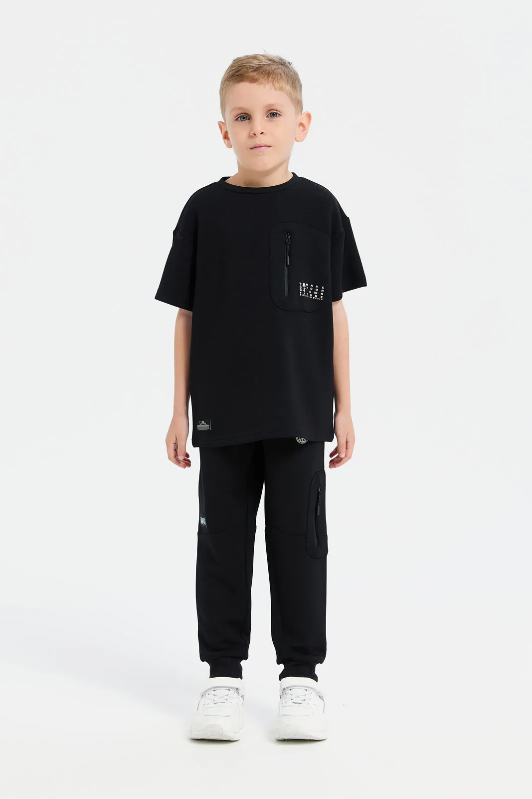 Boys Black Embroidered Track Pants