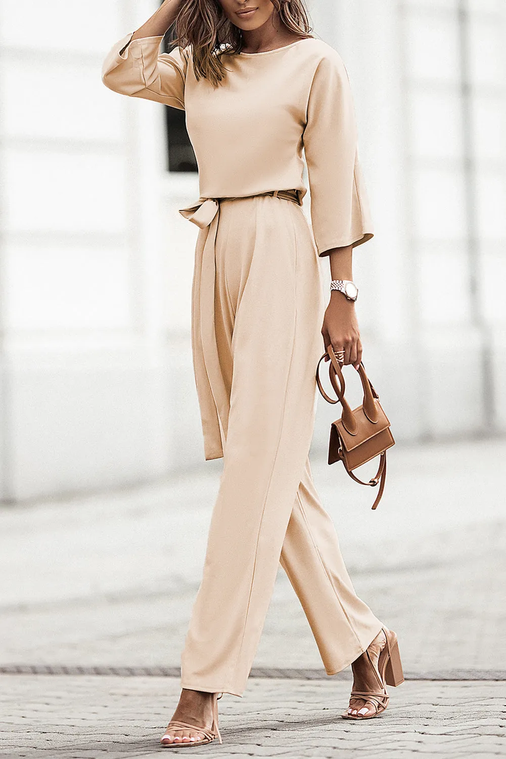 Bracelet Sleeve Waist Tie Wide Leg Jumpsuit