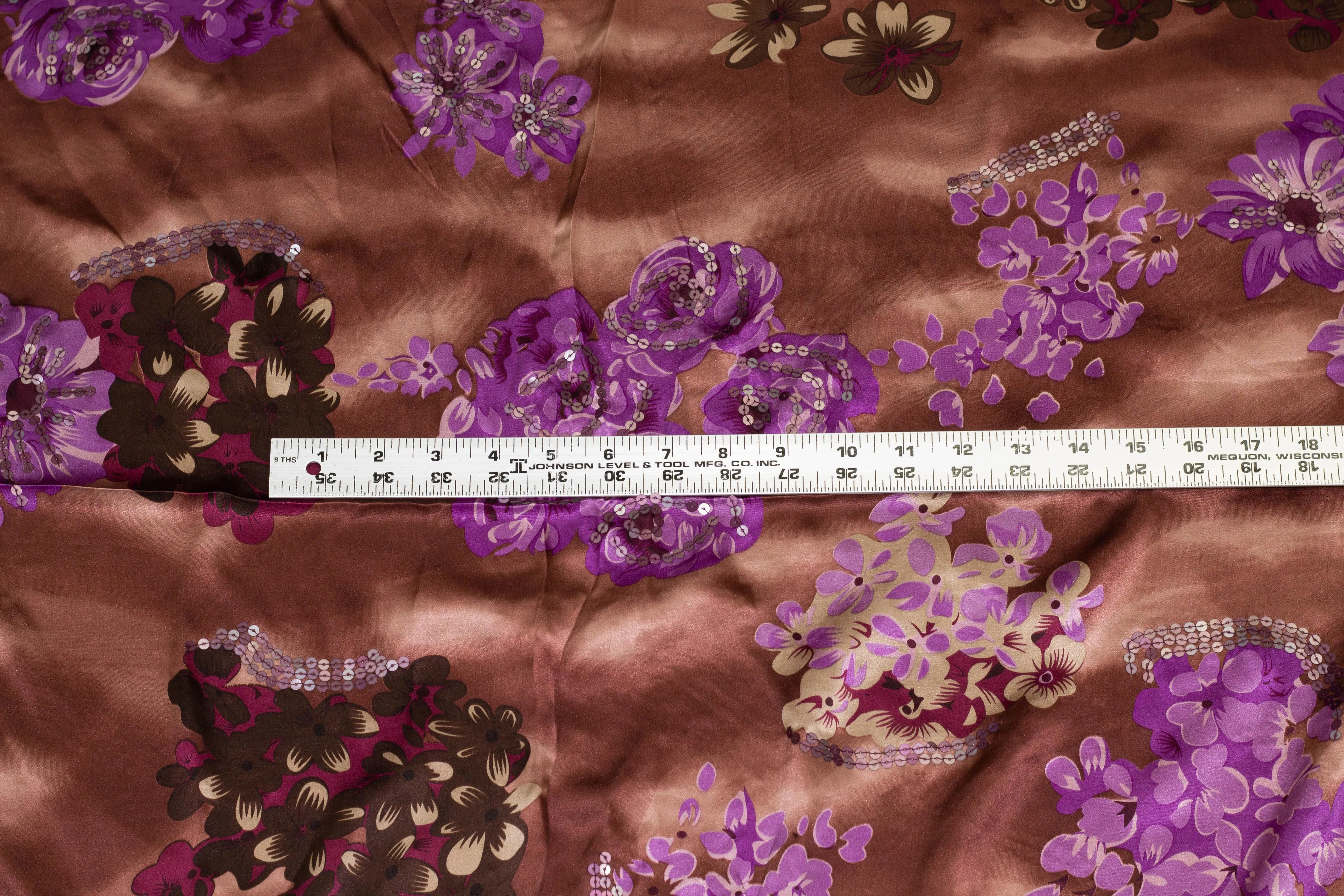 Brown and Purple Tie-Dye Floral Spangled Silk Charmeuse
