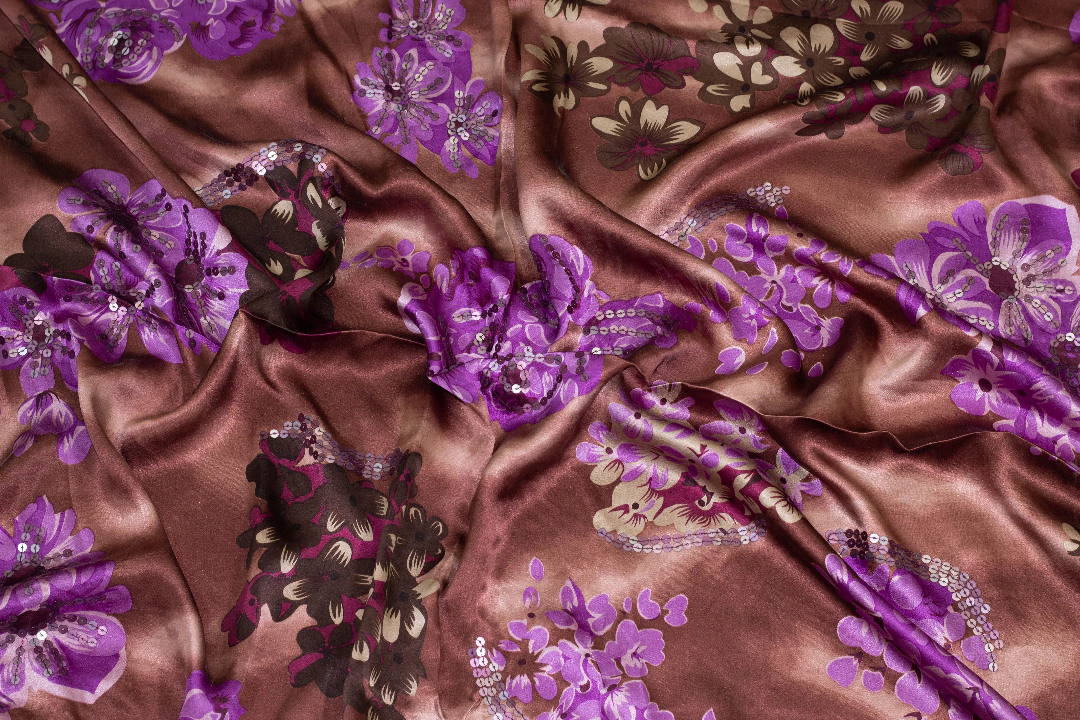 Brown and Purple Tie-Dye Floral Spangled Silk Charmeuse