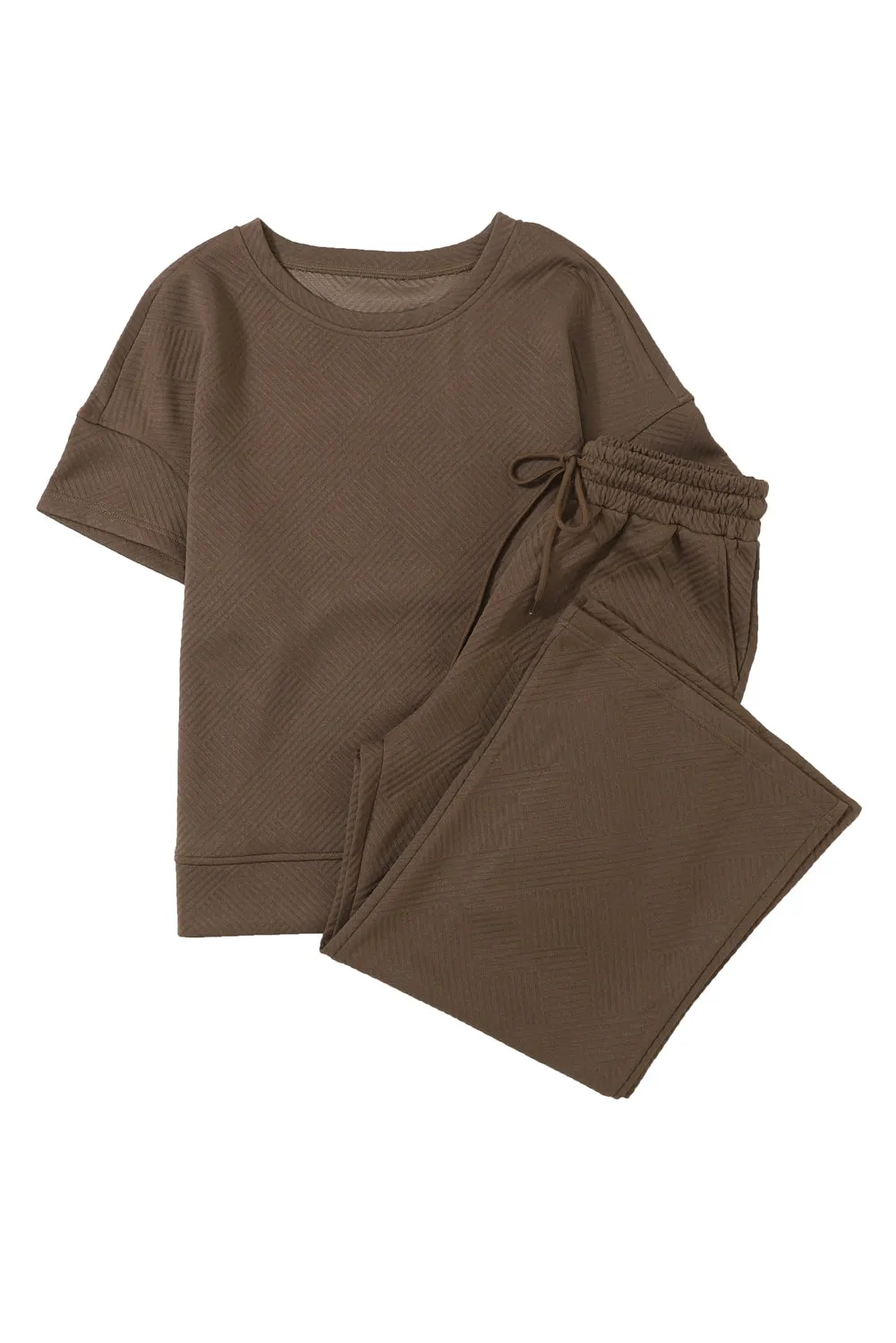 Brown Textured Loose Fit T Shirt and Drawstring Pants Set