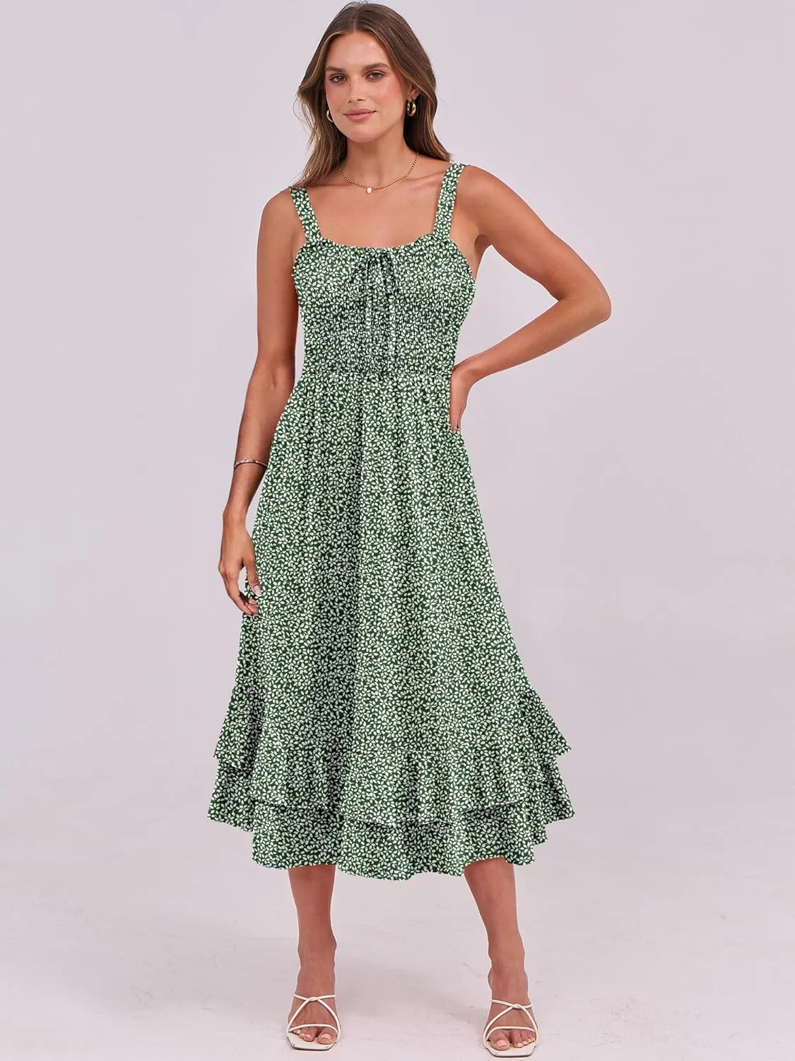 Caracilia Women's Smocked Maxi Dress Summer Casual Boho Sleeveless Strap Ruffle Backless Swing Flowy Beach Long Sundress