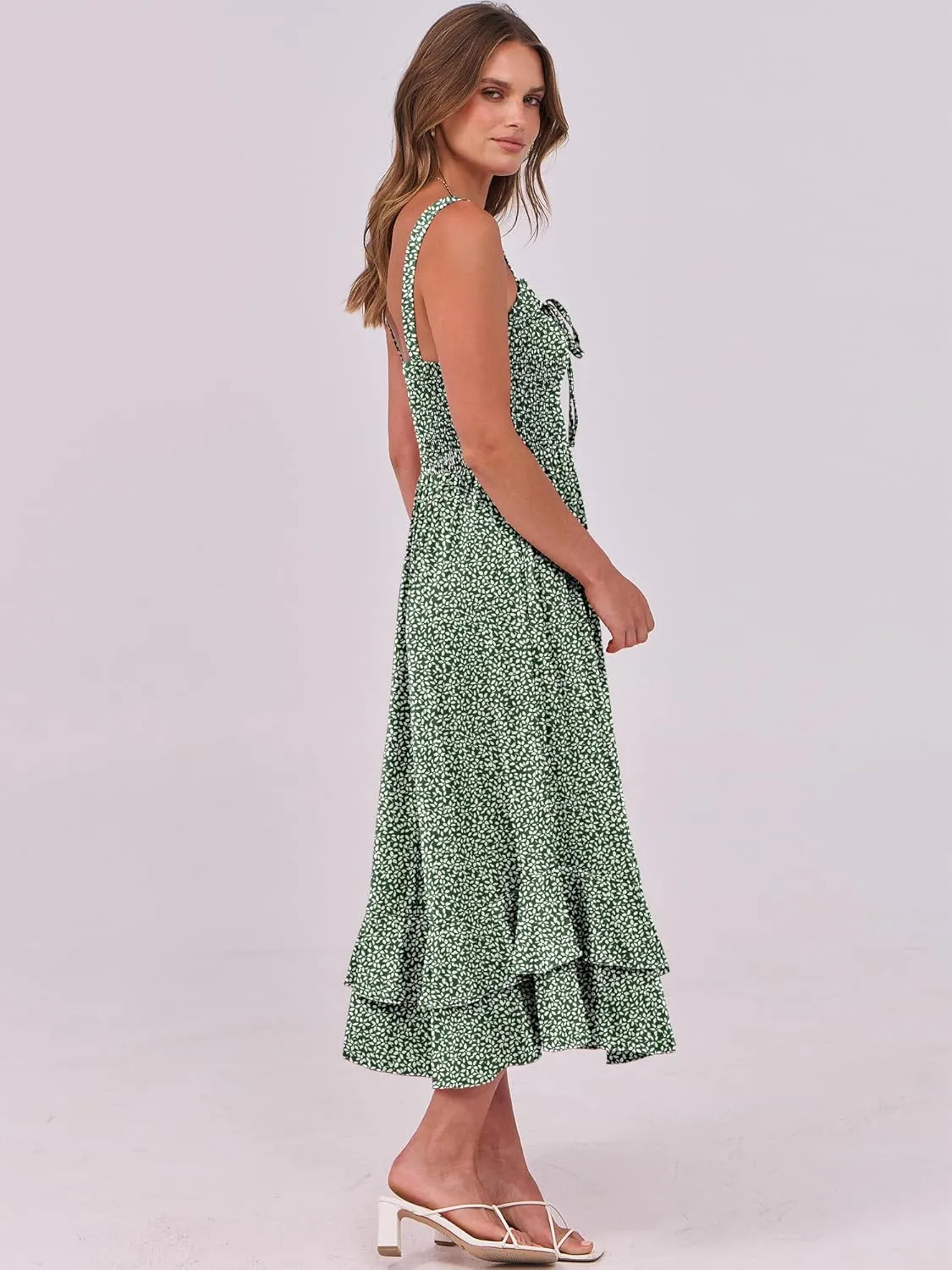 Caracilia Women's Smocked Maxi Dress Summer Casual Boho Sleeveless Strap Ruffle Backless Swing Flowy Beach Long Sundress