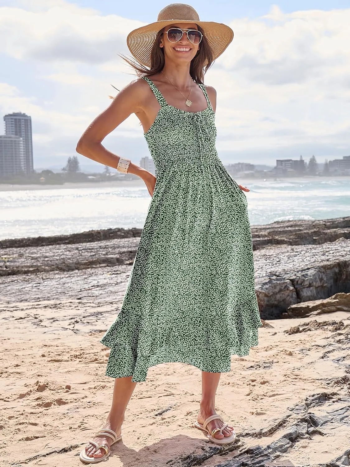 Caracilia Women's Smocked Maxi Dress Summer Casual Boho Sleeveless Strap Ruffle Backless Swing Flowy Beach Long Sundress