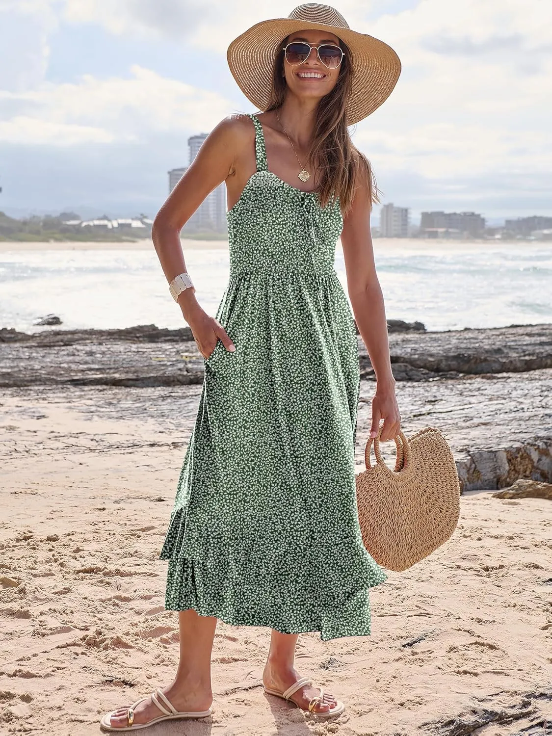 Caracilia Women's Smocked Maxi Dress Summer Casual Boho Sleeveless Strap Ruffle Backless Swing Flowy Beach Long Sundress