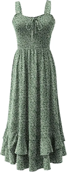 Caracilia Women's Smocked Maxi Dress Summer Casual Boho Sleeveless Strap Ruffle Backless Swing Flowy Beach Long Sundress
