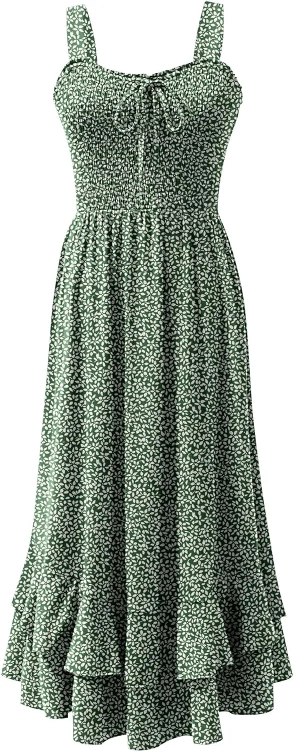Caracilia Women's Smocked Maxi Dress Summer Casual Boho Sleeveless Strap Ruffle Backless Swing Flowy Beach Long Sundress