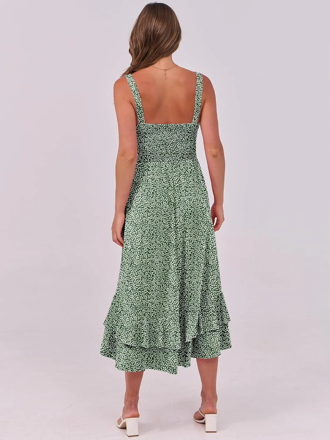 Caracilia Women's Smocked Maxi Dress Summer Casual Boho Sleeveless Strap Ruffle Backless Swing Flowy Beach Long Sundress