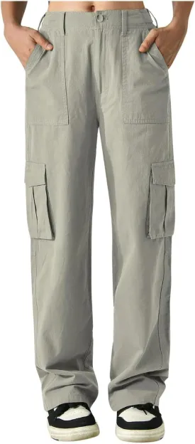 Cargo Pants Women Button High Waisted Hiking Pants Casual Tactical Style Trousers with 6 Pockets Loose Streetwear