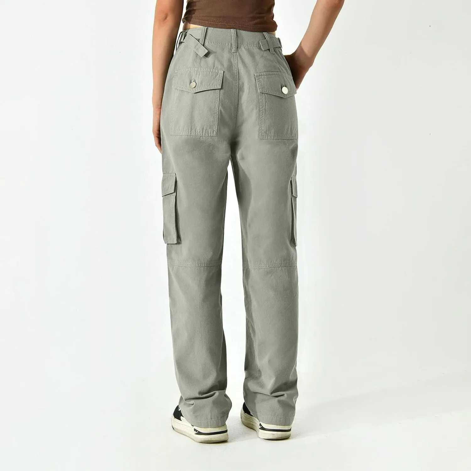 Cargo Pants Women Button High Waisted Hiking Pants Casual Tactical Style Trousers with 6 Pockets Loose Streetwear