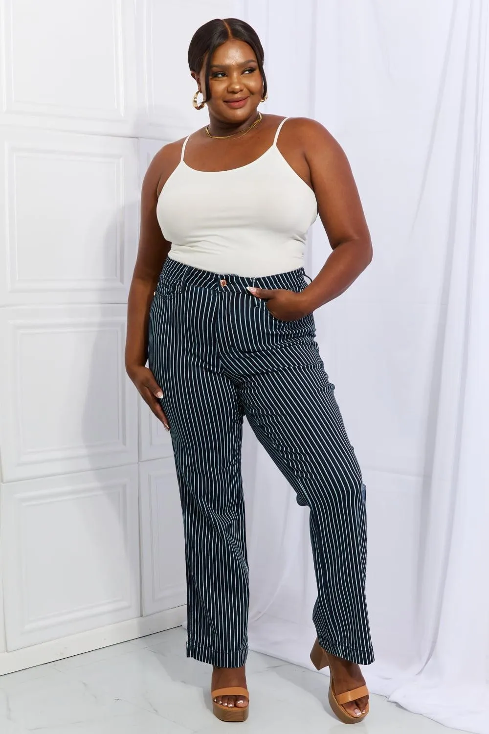 Cassidy High Waisted Tummy Control Striped Straight Denim