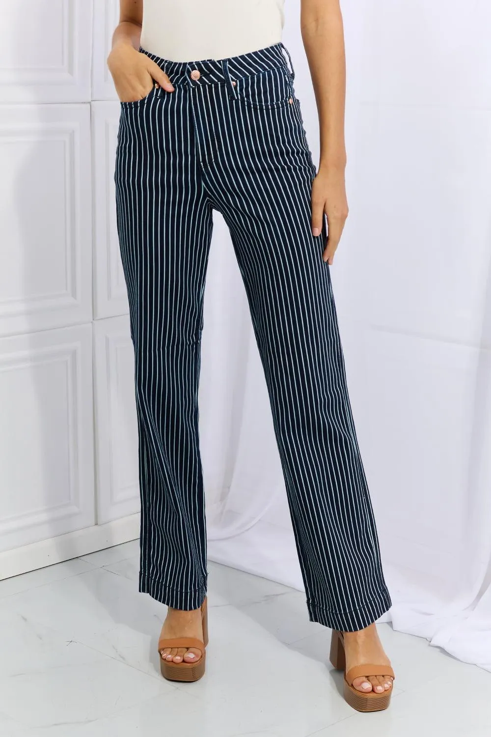Cassidy High Waisted Tummy Control Striped Straight Denim