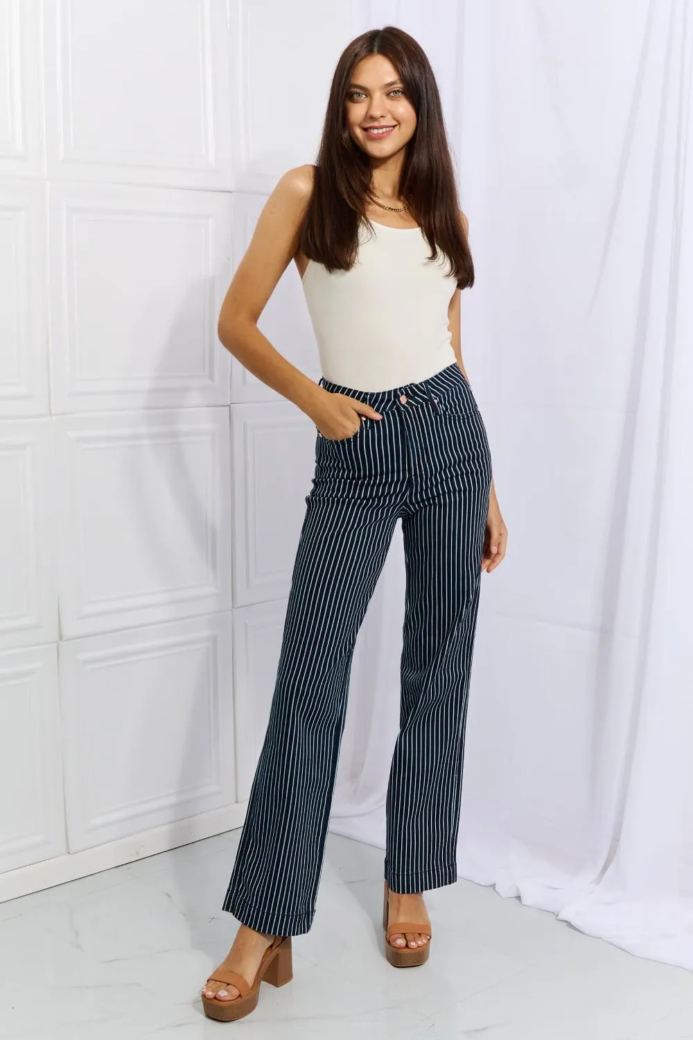 Cassidy High Waisted Tummy Control Striped Straight Denim