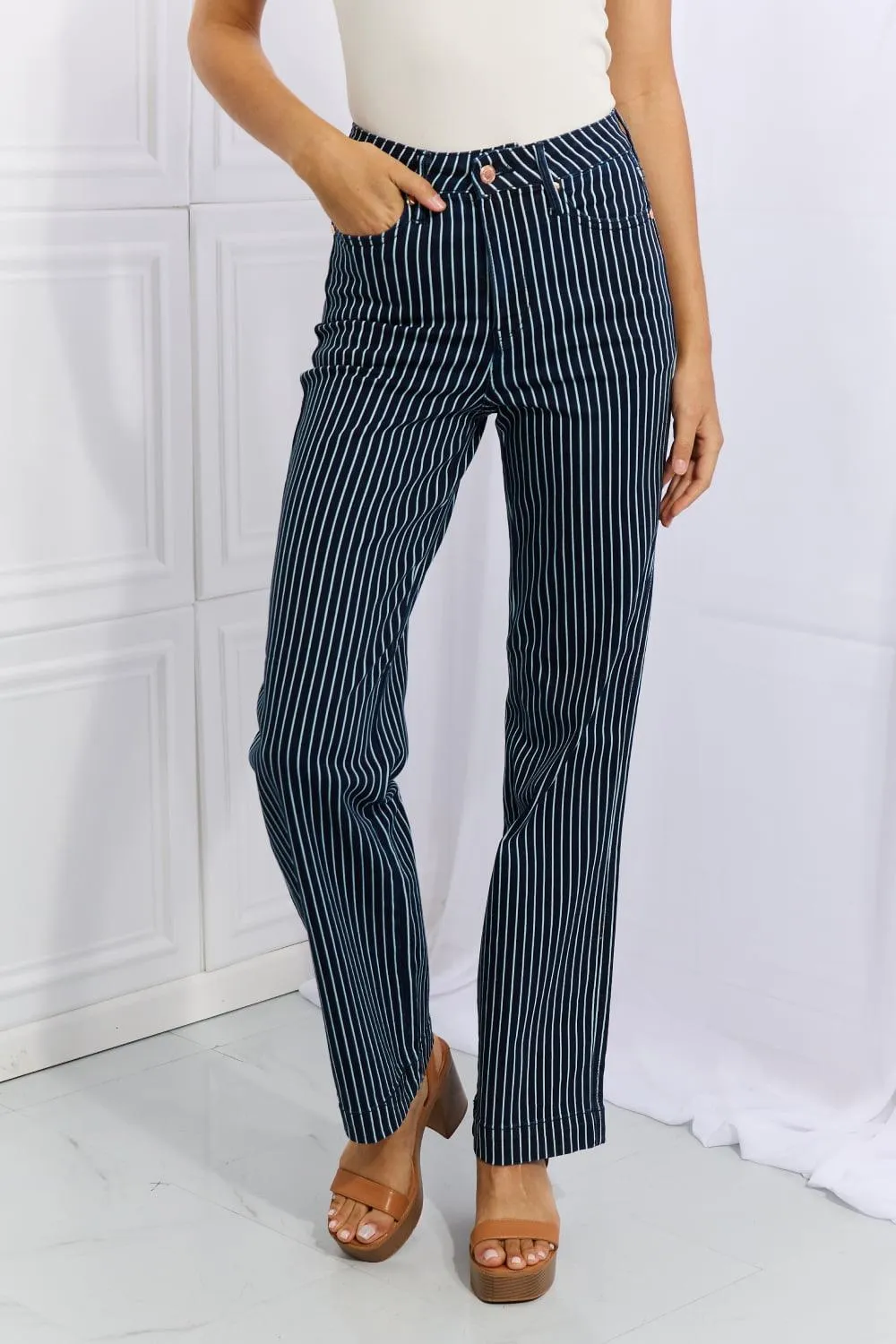 Cassidy High Waisted Tummy Control Striped Straight Denim