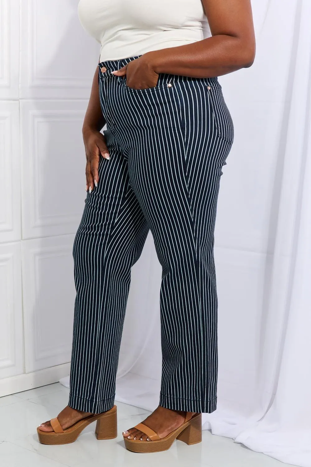 Cassidy High Waisted Tummy Control Striped Straight Denim