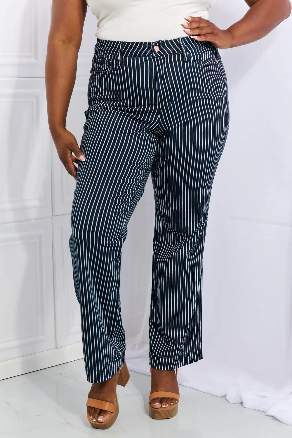 Cassidy High Waisted Tummy Control Striped Straight Denim