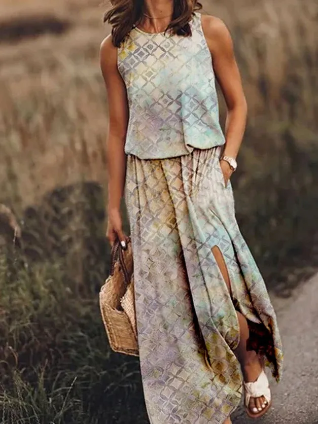 Casual Crew Neck Printed Slit Dress
