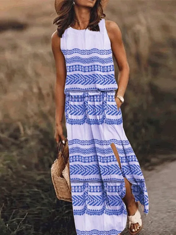 Casual Crew Neck Printed Slit Dress