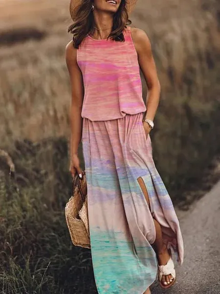 Casual Crew Neck Printed Slit Dress