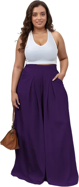 Casual Plus Size Wide Leg Palazzo Pants for Women Lounge High Waist Skirt Pants with Pockets Elastic Waistband