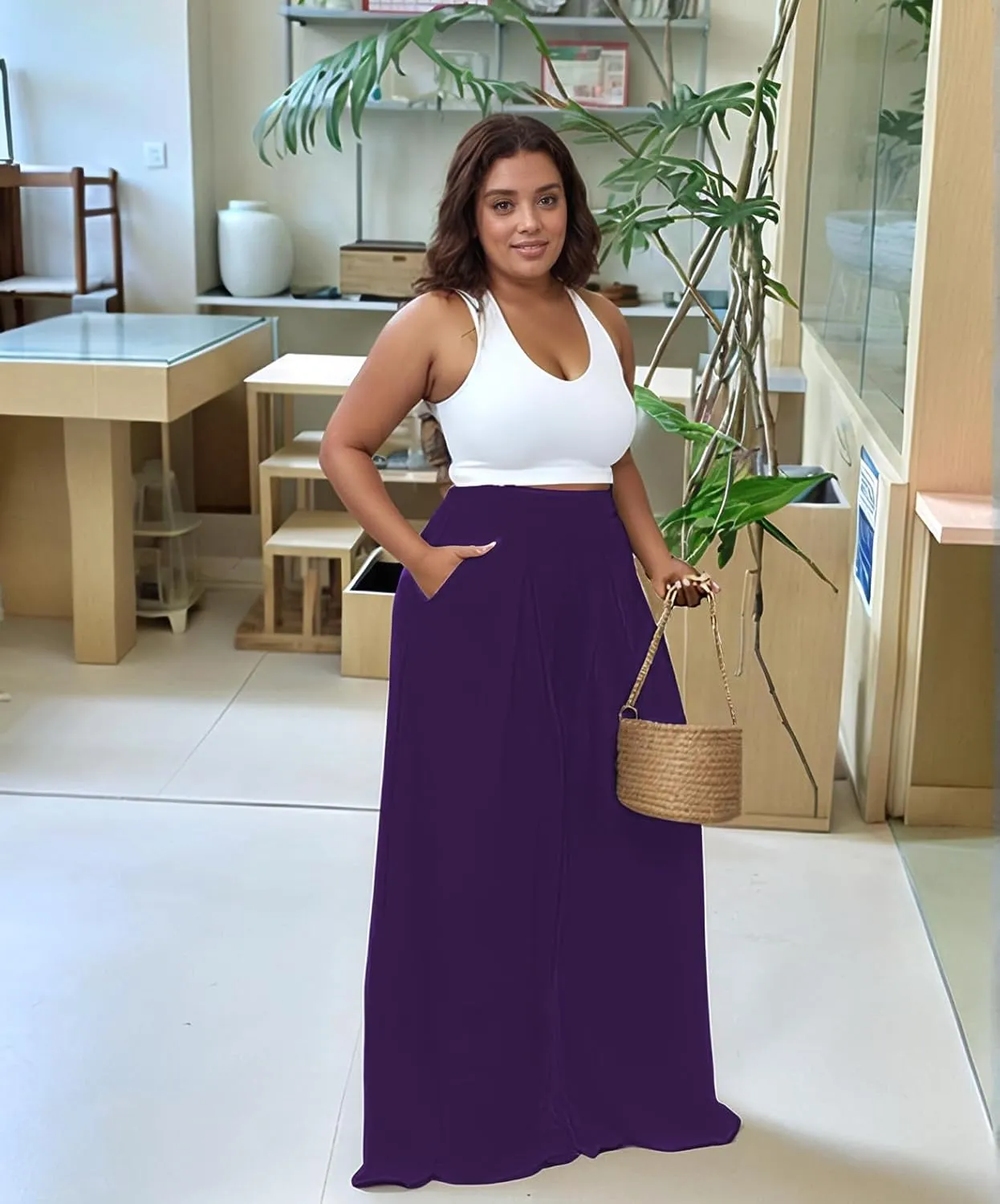 Casual Plus Size Wide Leg Palazzo Pants for Women Lounge High Waist Skirt Pants with Pockets Elastic Waistband