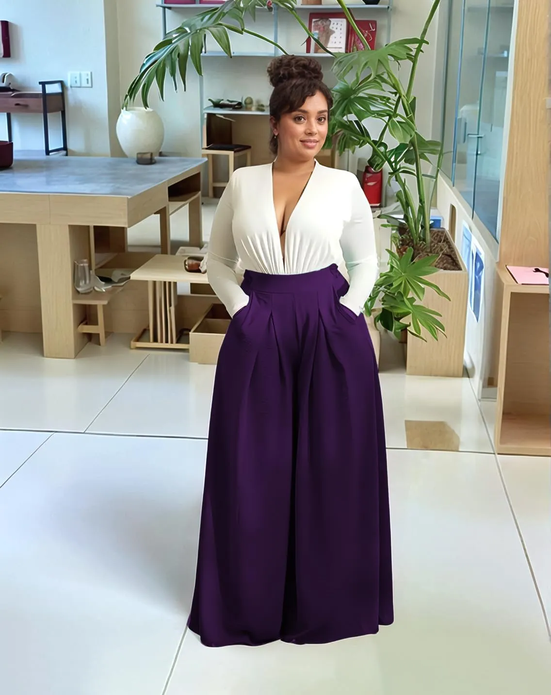 Casual Plus Size Wide Leg Palazzo Pants for Women Lounge High Waist Skirt Pants with Pockets Elastic Waistband