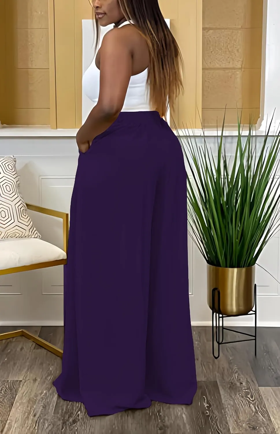 Casual Plus Size Wide Leg Palazzo Pants for Women Lounge High Waist Skirt Pants with Pockets Elastic Waistband