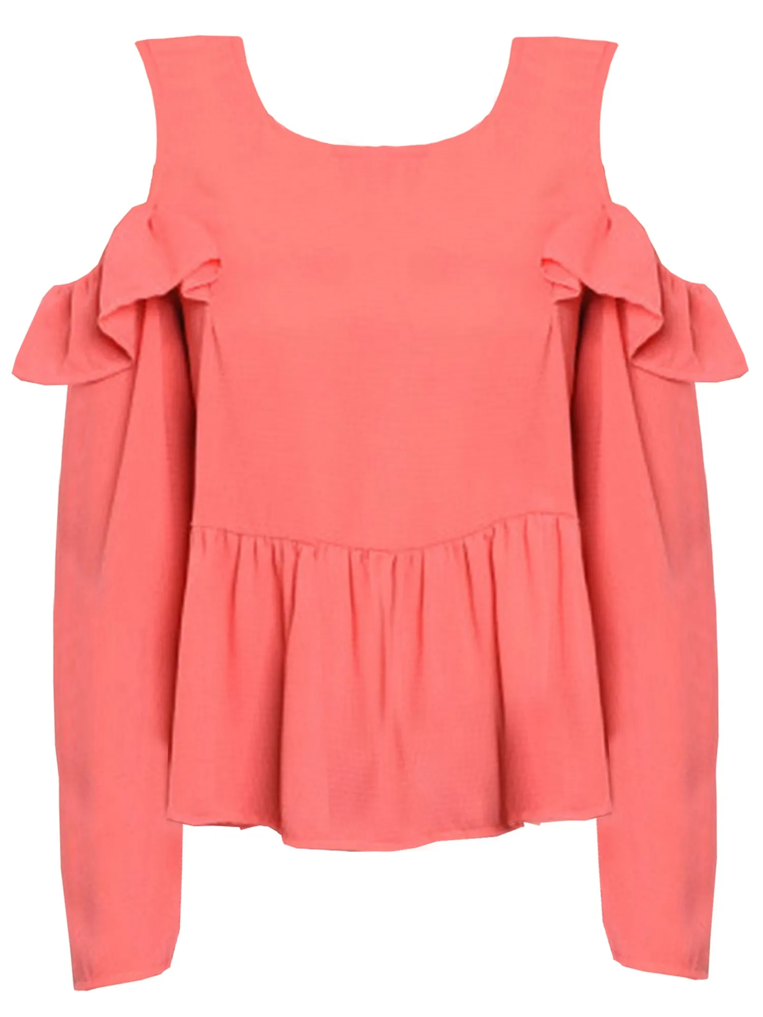 Coral Pink Womens Cold Shoulder Ruffled Tunic Top