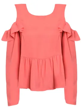 Coral Pink Womens Cold Shoulder Ruffled Tunic Top