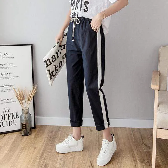 Cotton Linen Ankle Length Striped Pants