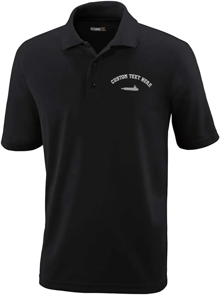Custom Text Embroidered Whole Submarine Mens Adult Button-End Spread Short Sleeve Polyester Proformance Polo Shirt Golf Shirt - Black, Large