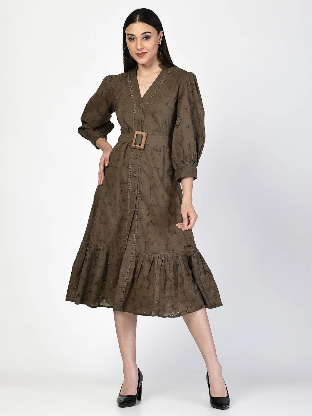 Dark Olive Schiffli Waist Tie Up Midi Dress