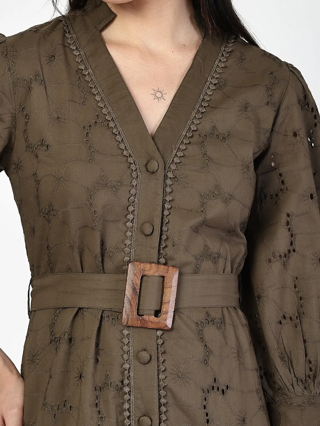 Dark Olive Schiffli Waist Tie Up Midi Dress