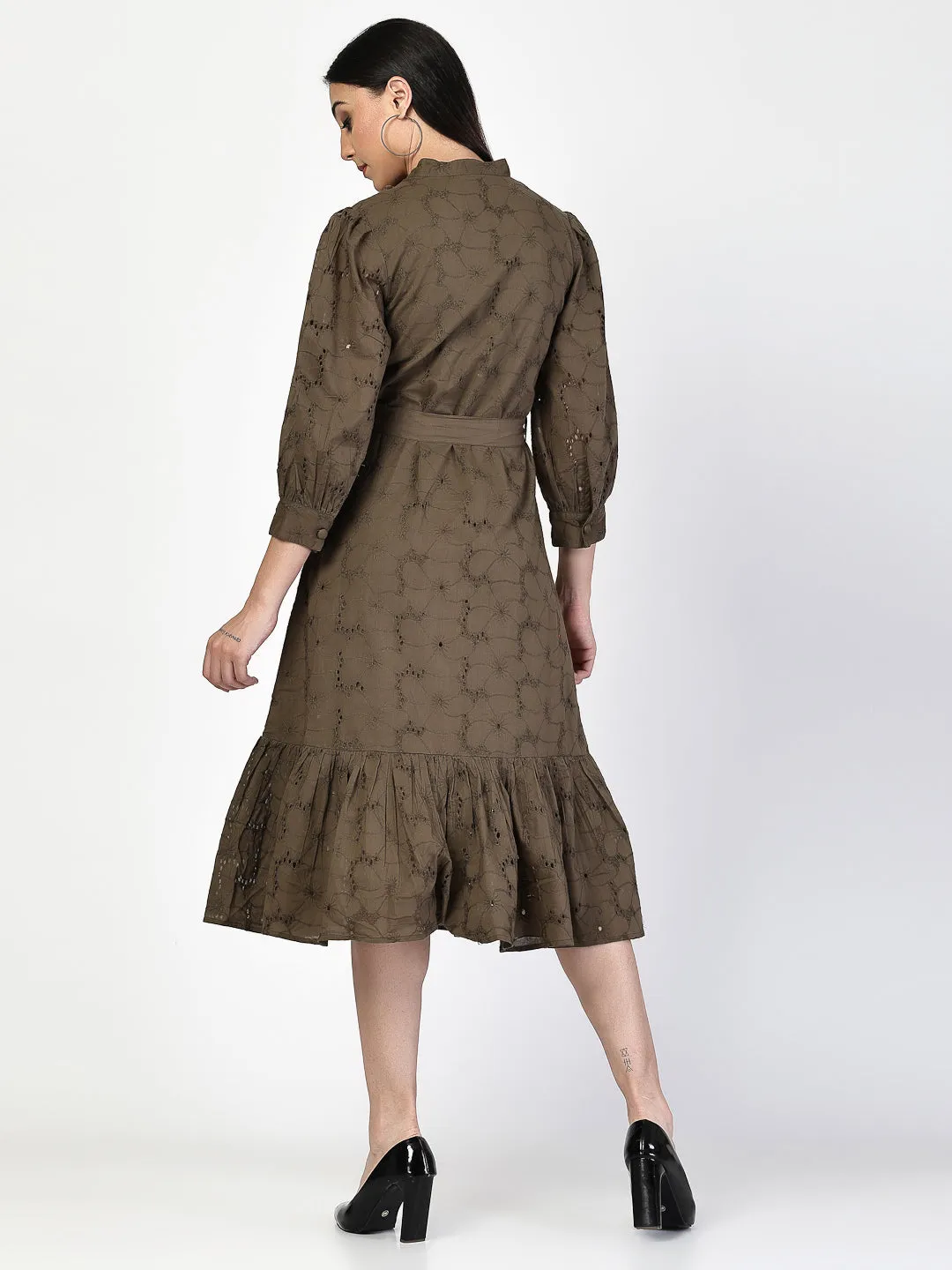 Dark Olive Schiffli Waist Tie Up Midi Dress