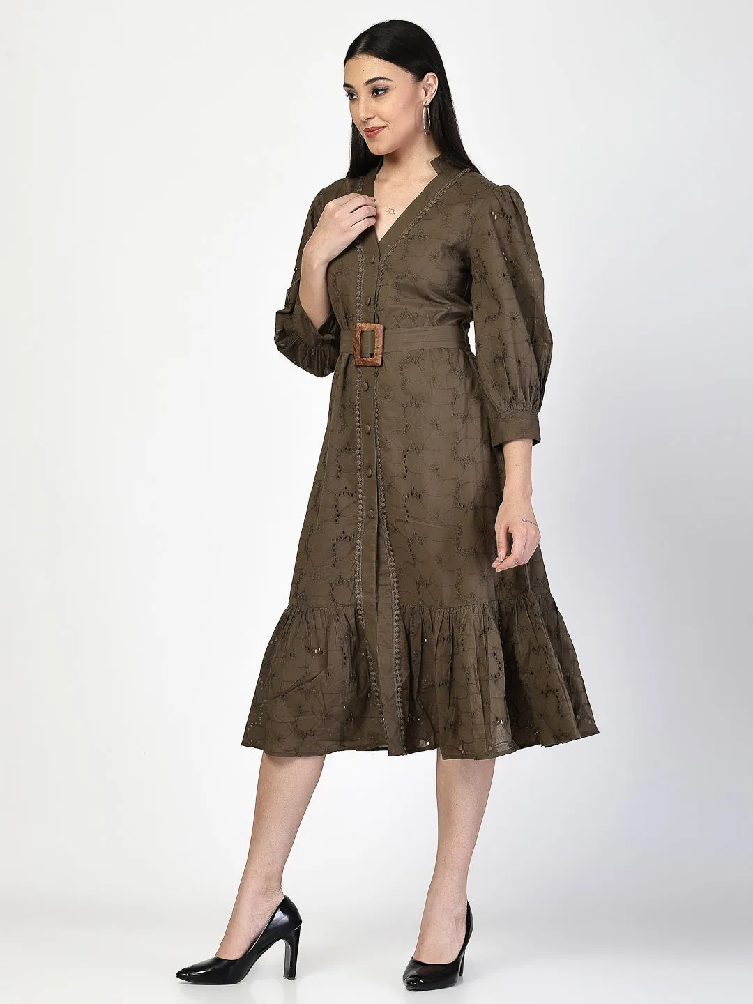Dark Olive Schiffli Waist Tie Up Midi Dress