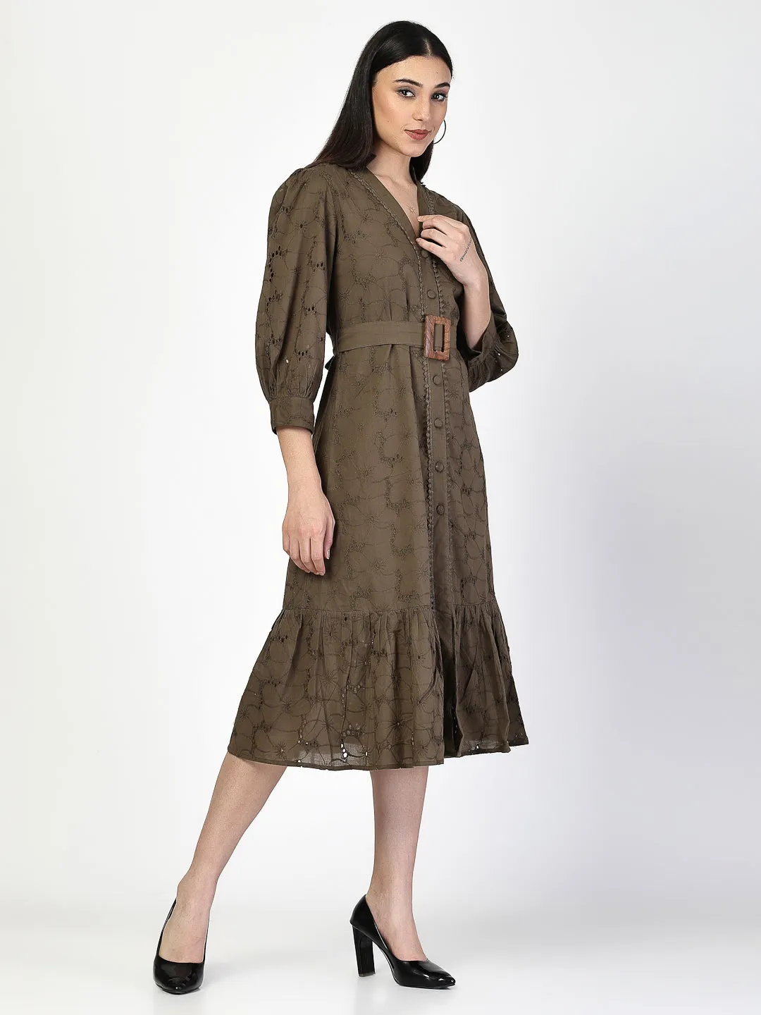 Dark Olive Schiffli Waist Tie Up Midi Dress