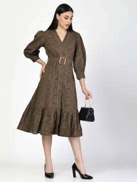 Dark Olive Schiffli Waist Tie Up Midi Dress